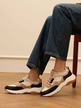 Chunky Leather & Mesh Sneakers in Black, Beige and White